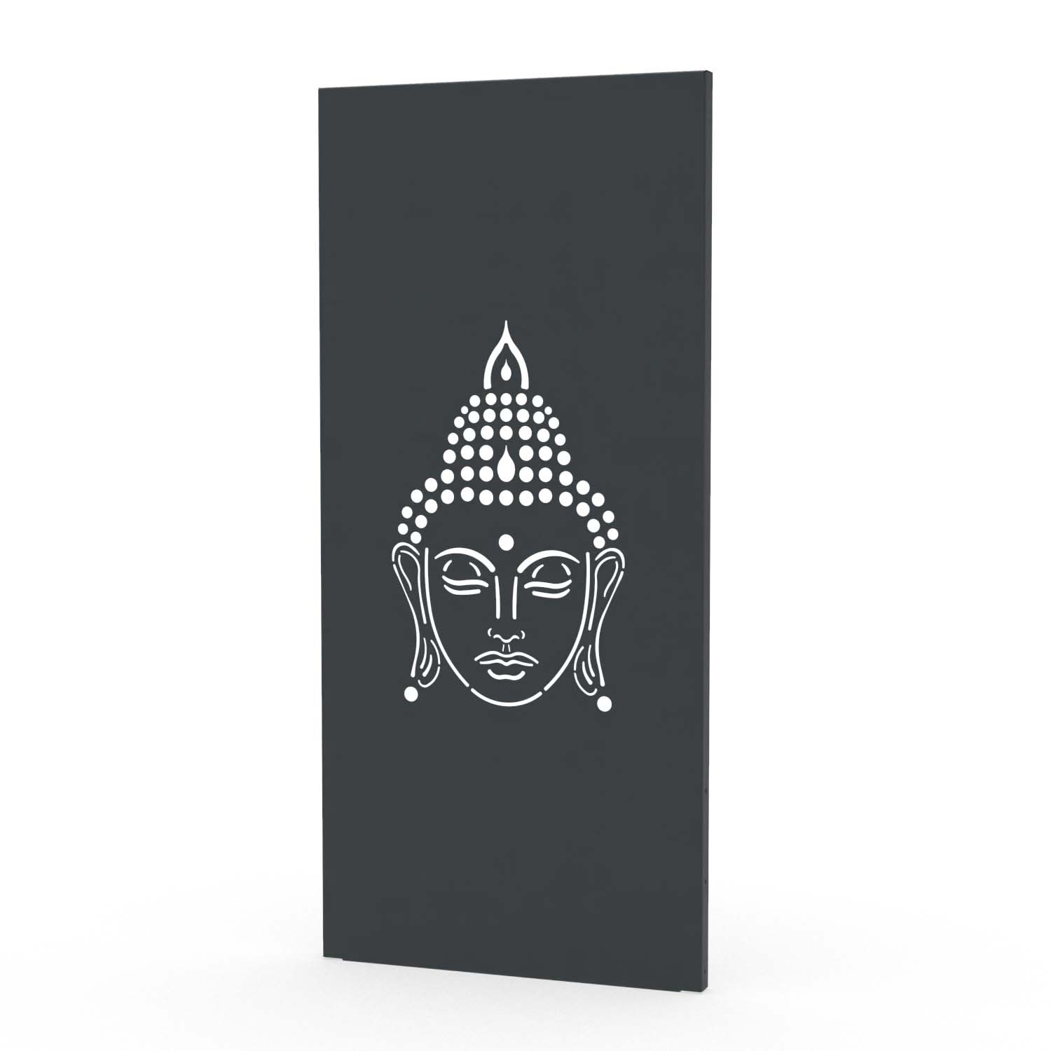 Sichtschutzwand aus Stahl, pulverbeschichtet RAL 7016, Motiv Buddha III, 820 x 1800 x 2 mm, 50 mm gekantet