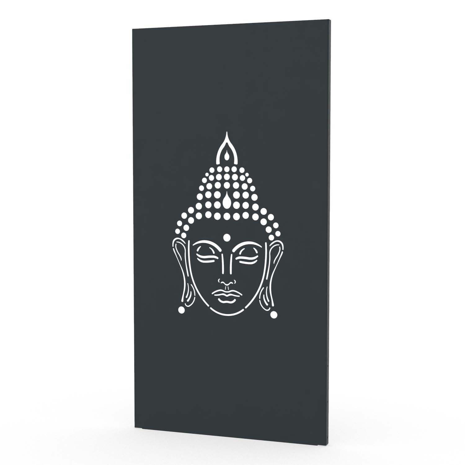 Sichtschutzwand aus Stahl, pulverbeschichtet RAL 7016, Motiv Buddha III, 1050 x 2100 x 2 mm, 50 mm gekantet